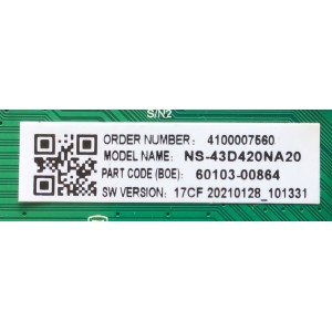 MAIN FUENTE PARA TV INSIGNIA / NUMERO DE PARTE 60103-00864 / TP.MS3553ZWT.PB757 / 4100007560 / N21030808-0A04404 / PANEL BOEI430WU1-01 / DISPLAY CC430LV2D / MODELO NS-43D420NA20